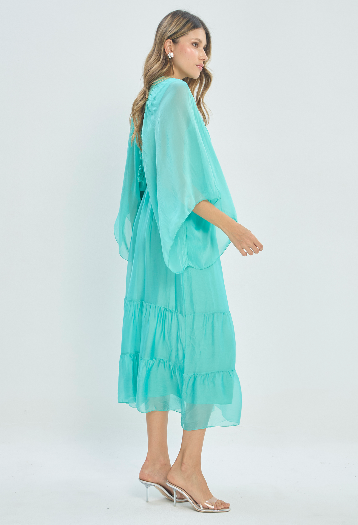 Vestido Largo Mangas Amplias con Volantes Verde Agua BYBLA - vista 3