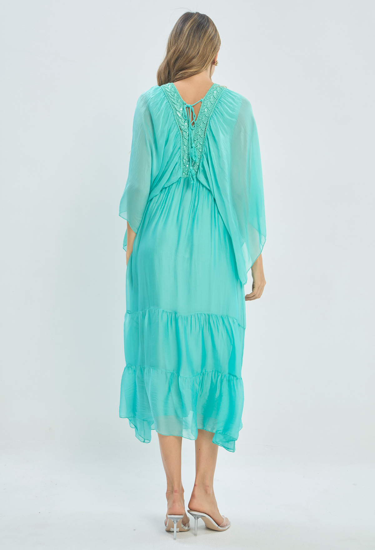 Vestido Largo Mangas Amplias con Volantes Verde Agua BYBLA - vista 4