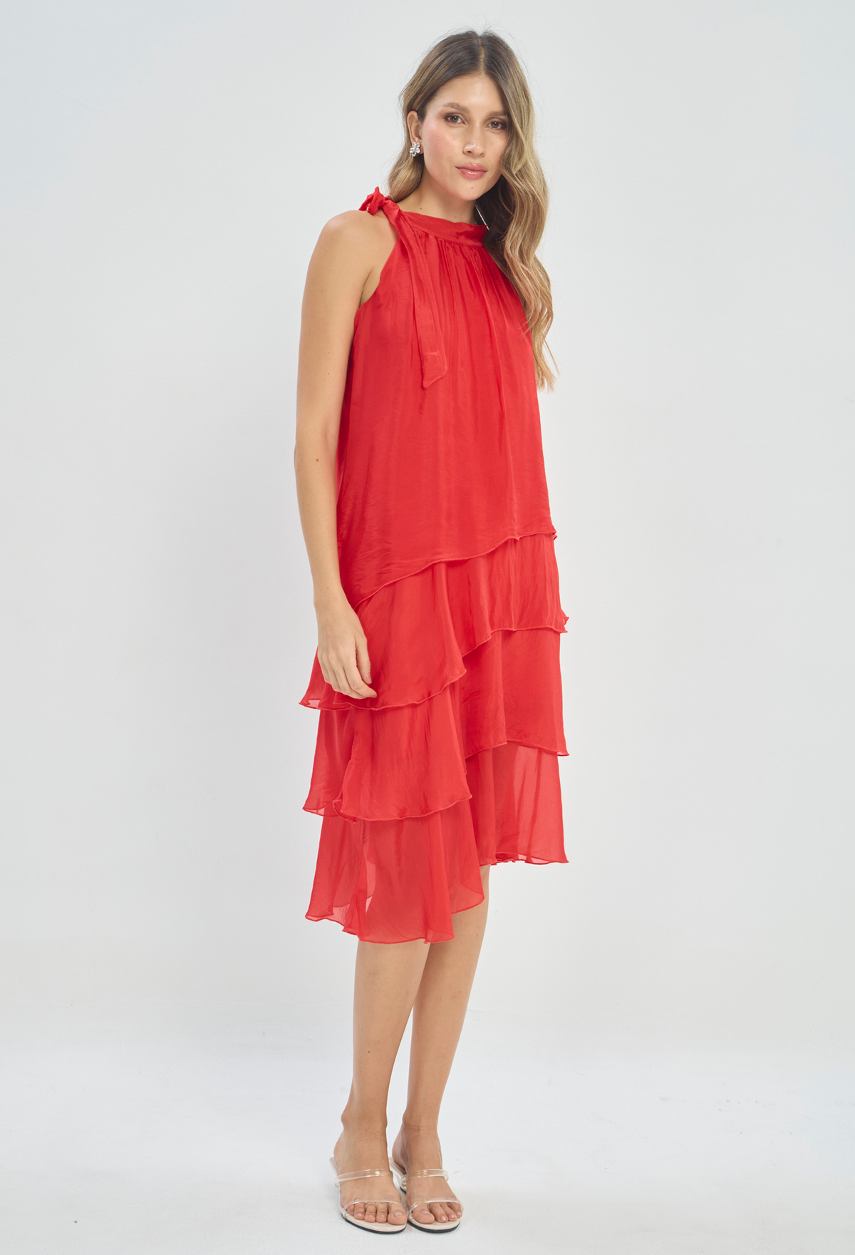 Vestido Seda Cuello Halter en Capas Rojo BYBLA