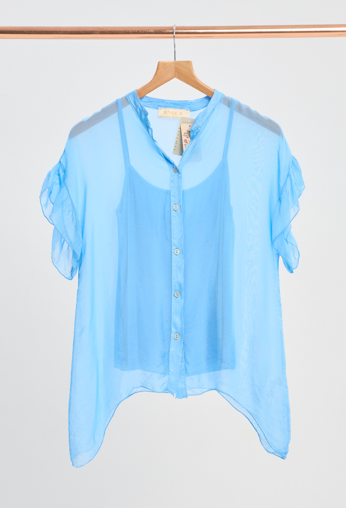 Blusa Manga Corta Con Vuelos y Camisilla Azul BYBLA