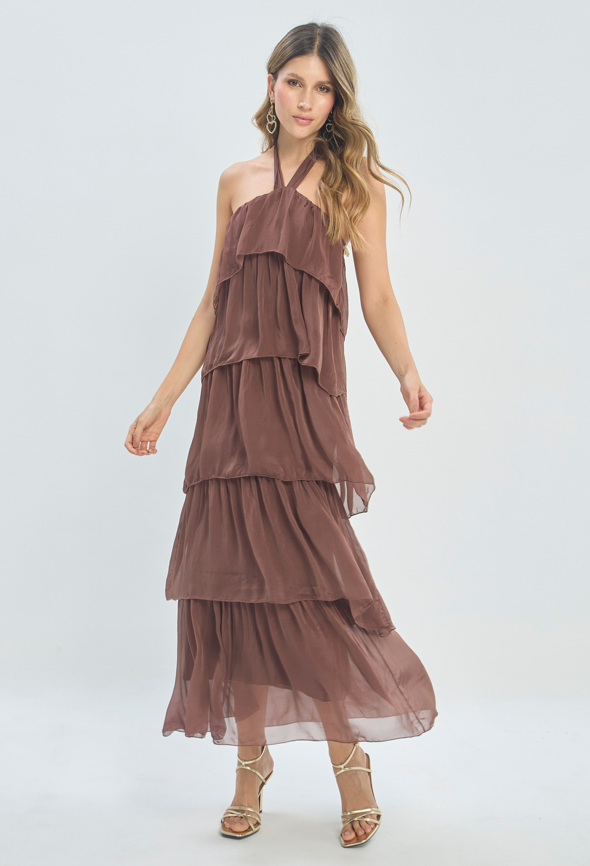 Vestido Largo Capas Chocolate BYBLA