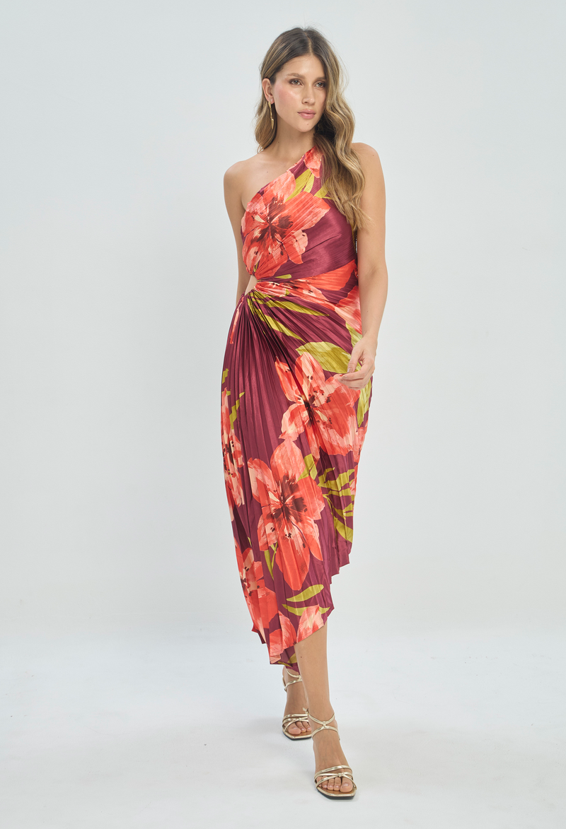 Vestido Un Hombro Plisado Estampado Floral Vino BYBLA - vista 2