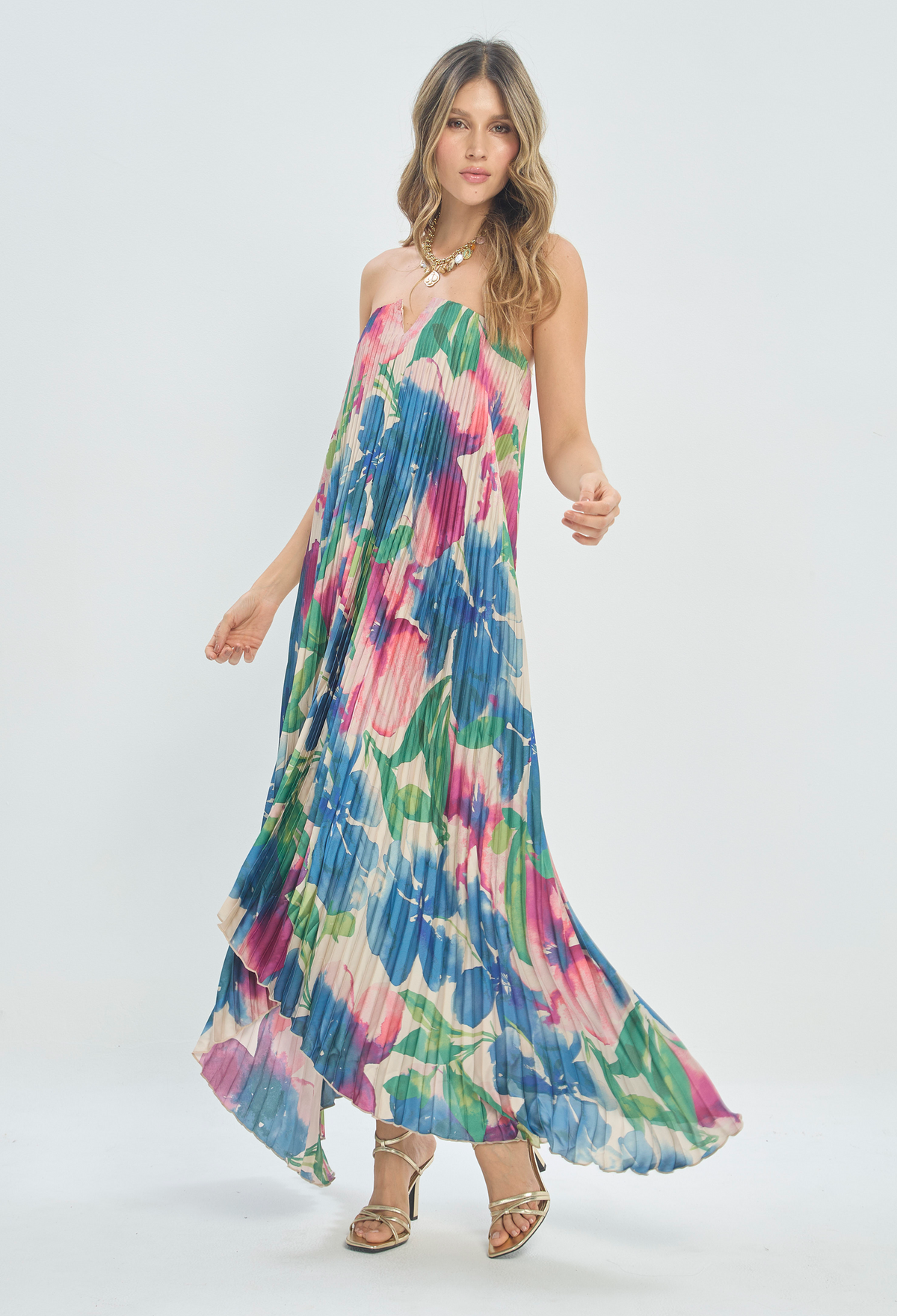 Vestido Largo Strapless Plisado Floral BYBLA