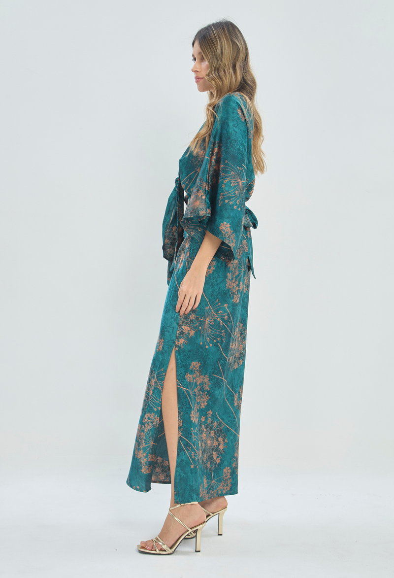 Vestido Largo Kimono Estampado Verde Esmeralda BYBLA - vista 2