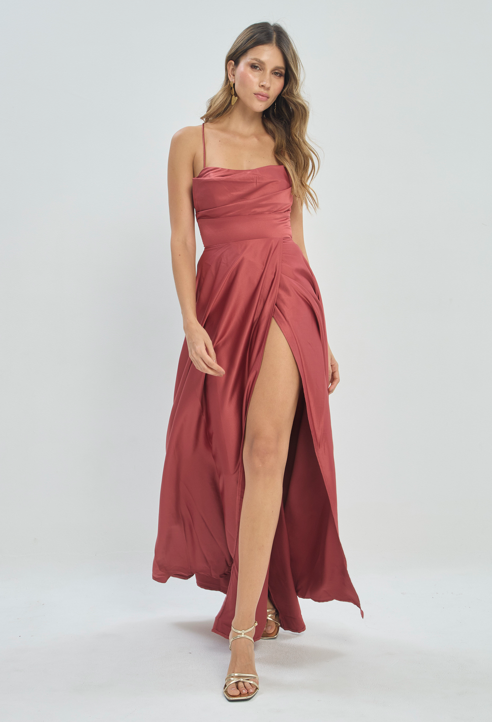Vestido Largo Satinado Rosa Terracota BYBLA