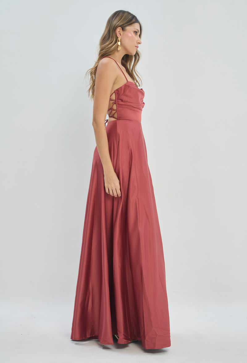 Vestido Largo Satinado Rosa Terracota BYBLA - vista 2