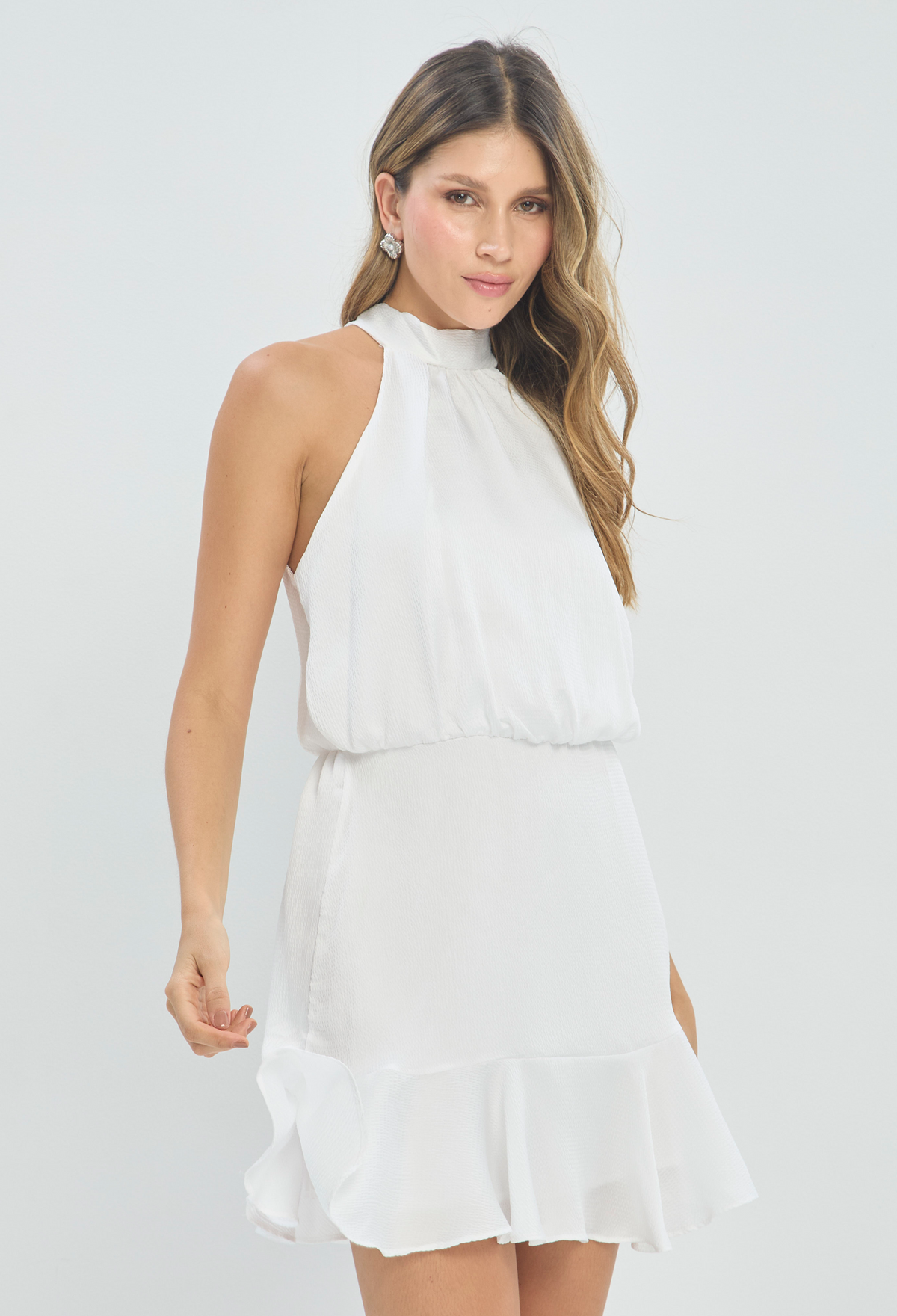 Vestido Corto Cuello Halter con Lazo Blanco BYBLA