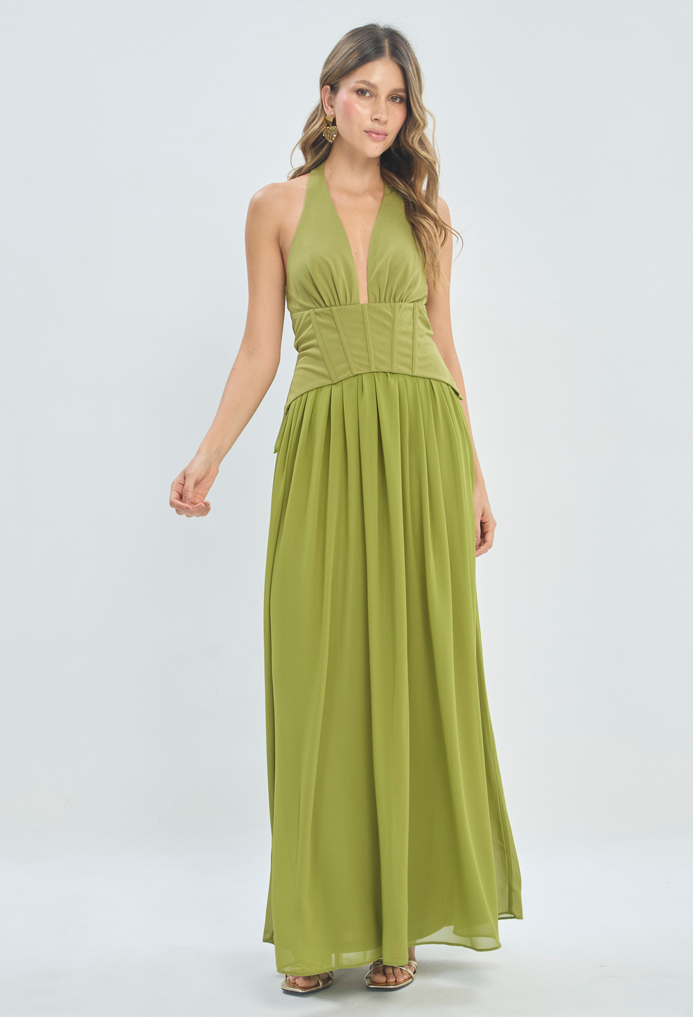 Vestido Largo Halter Con Corset Verde Oliva BYBLA