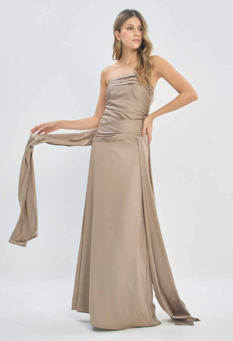 Vestido Largo Strapless con Drapeado Topo BYBLA - vista 2