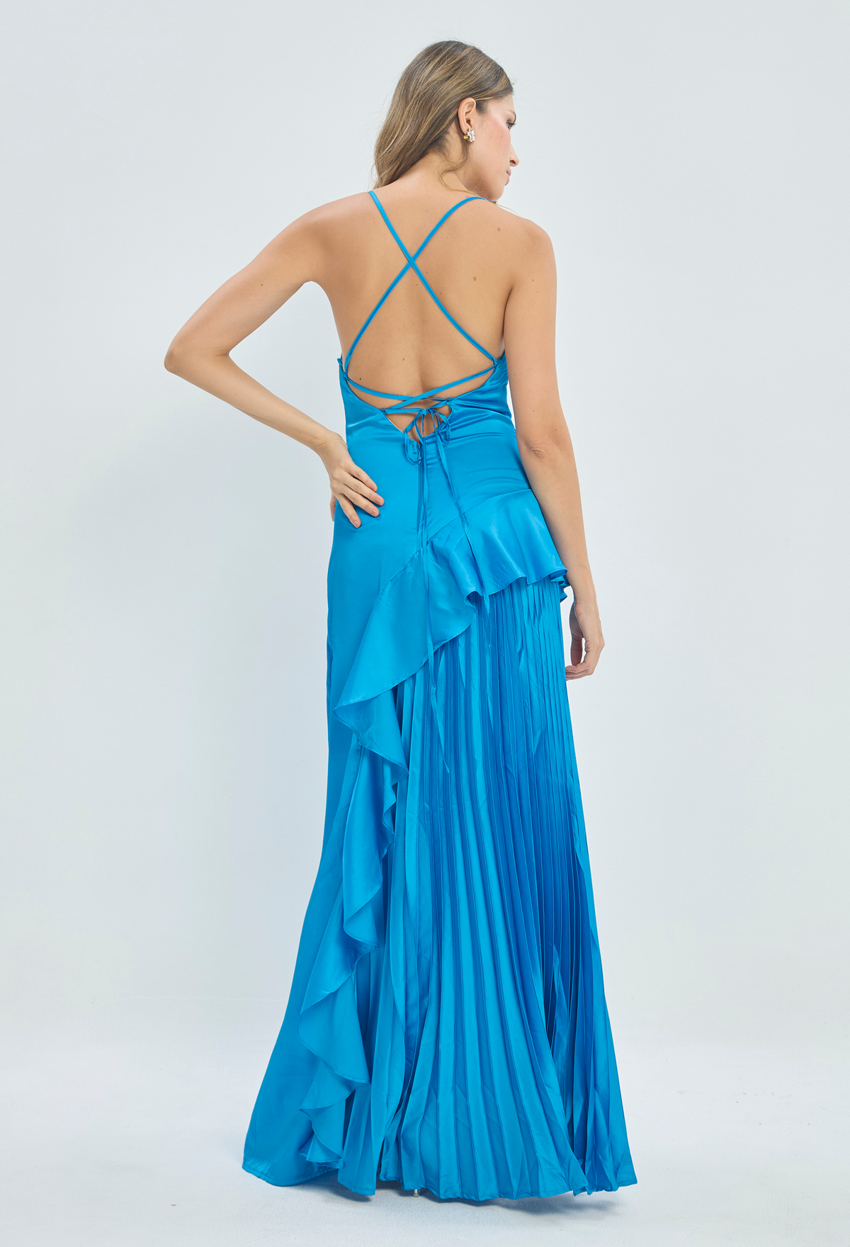 Vestido Largo Plisado con Volante Azul Turquesa BYBLA - vista 5