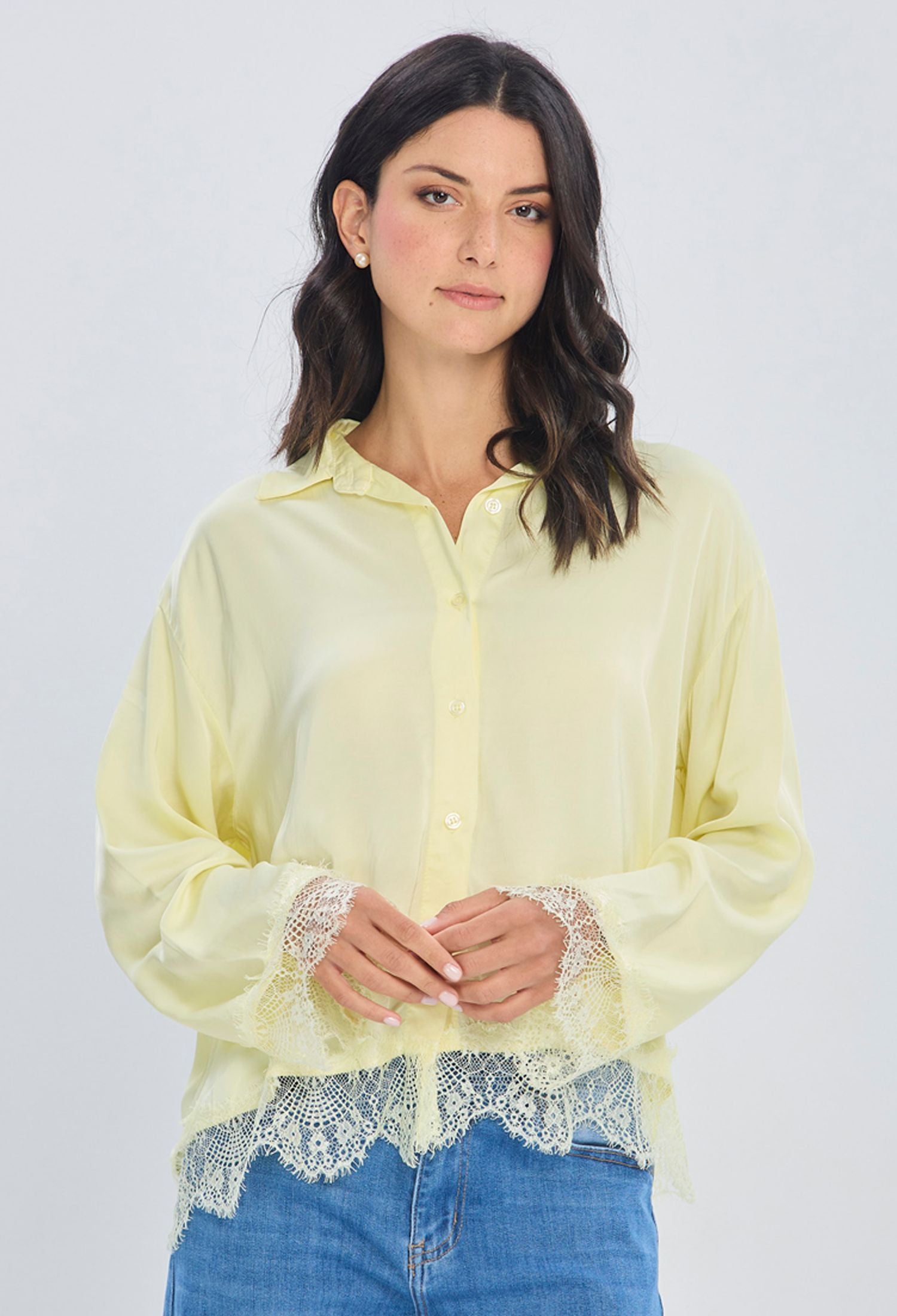 Blusa asimétrica amarilla en viscosa con caída envolvente talla única para mujer