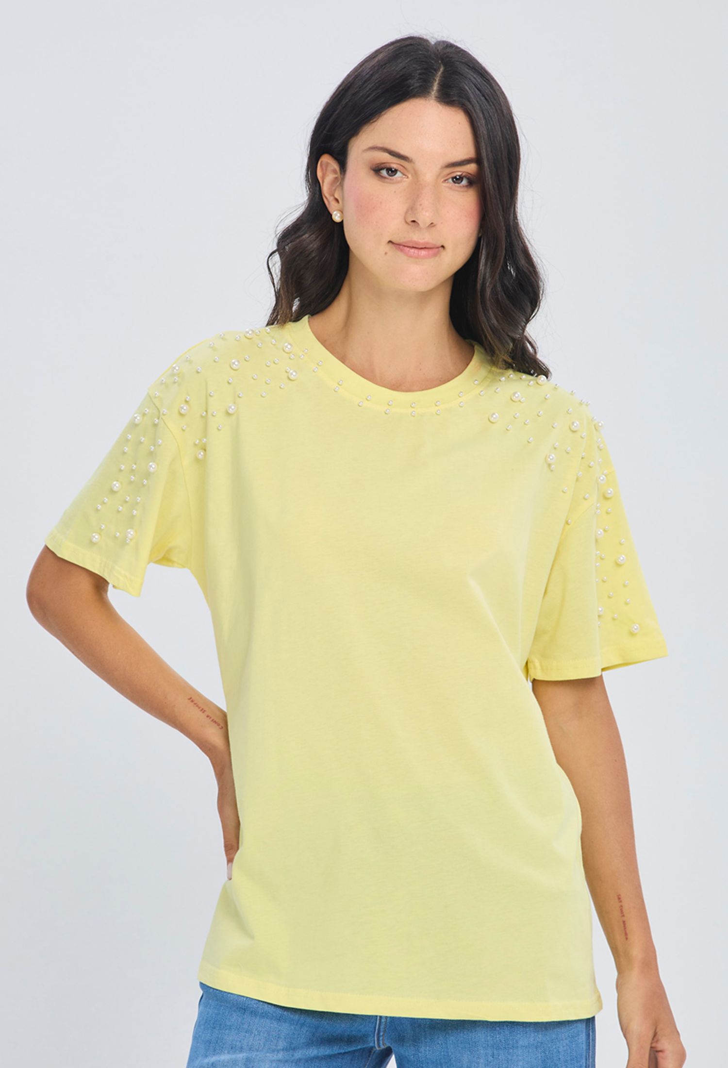 Blusa amarilla algodón puro hombros relajados talla única para mujer