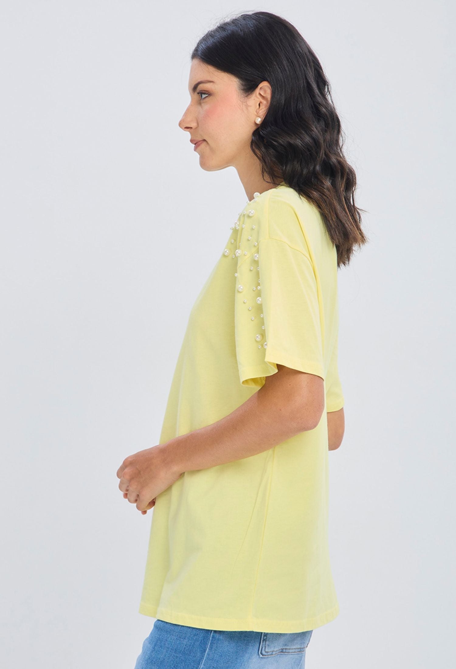 Blusa amarilla algodón puro hombros relajados talla única para mujer - vista 3