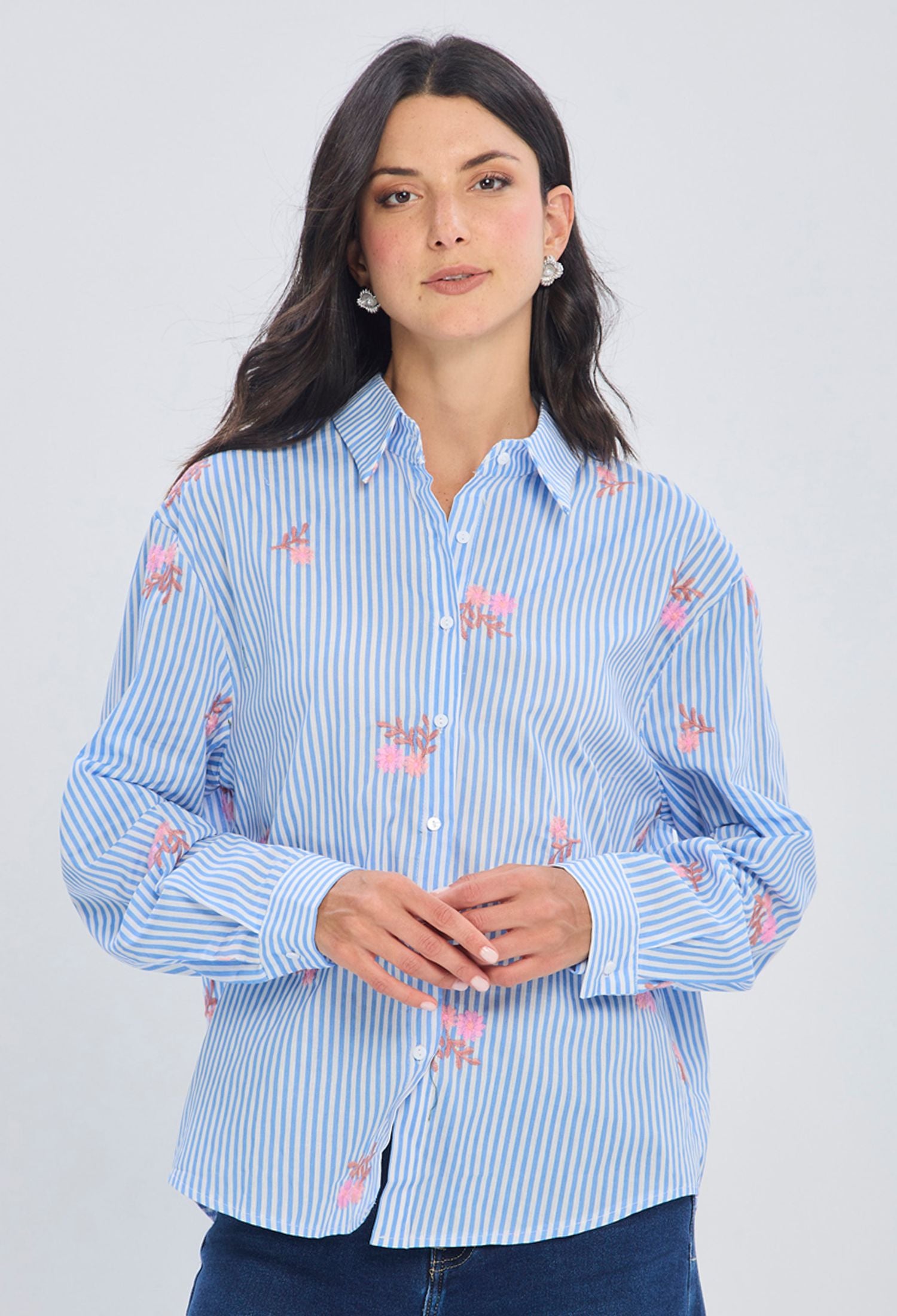 Blusa larga algodón bicolor azul y blanco para mujer diseño elegante