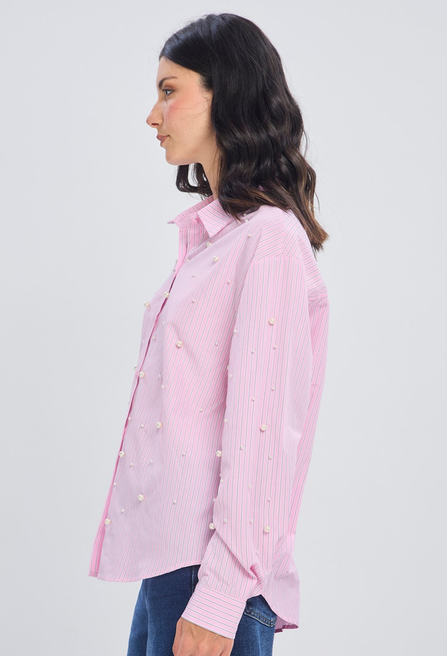 Blusa rosada algodón manga abullonada con largo diferenciado para mujer - vista 3