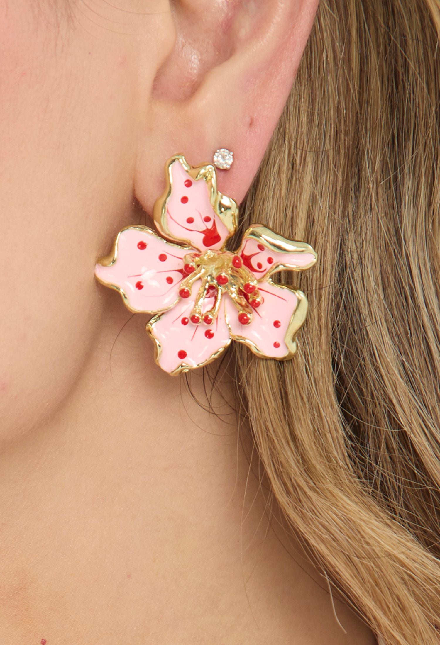 Aretes Flor Metálica Rosa - Foto 3