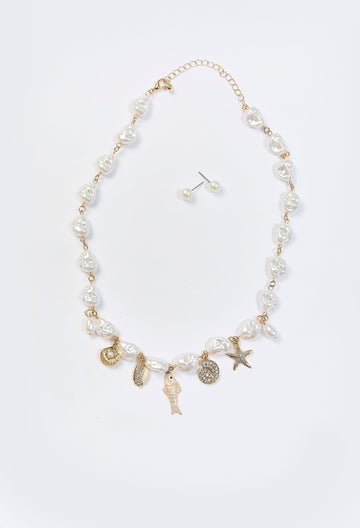 Collar Vida Marina Perla Dije Dorado