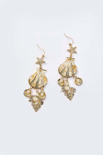 Aretes Colgantes Estrella Concha Perla Dorados