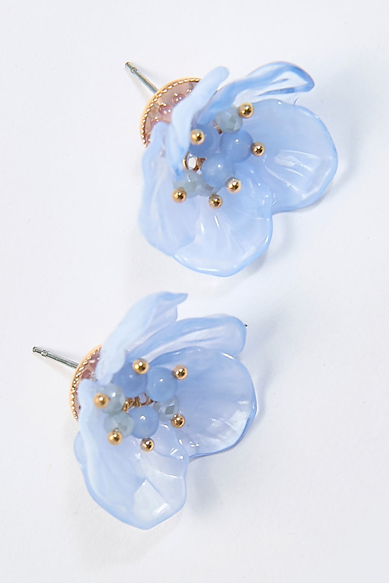 Aretes Topo Flor Transparente Azul