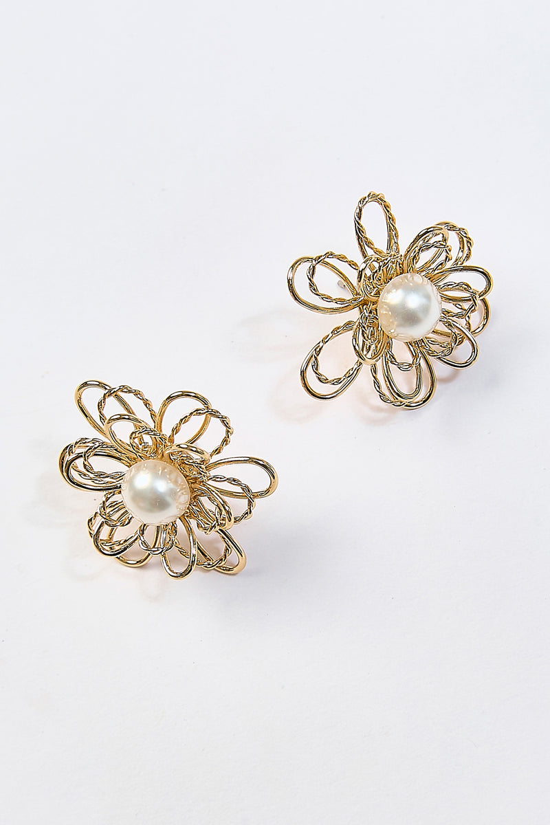 Aretes Topo Flor Metálica con Perla Dorados - Foto 2