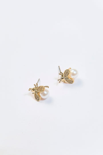 Aretes Abeja Perla Circón Dorados