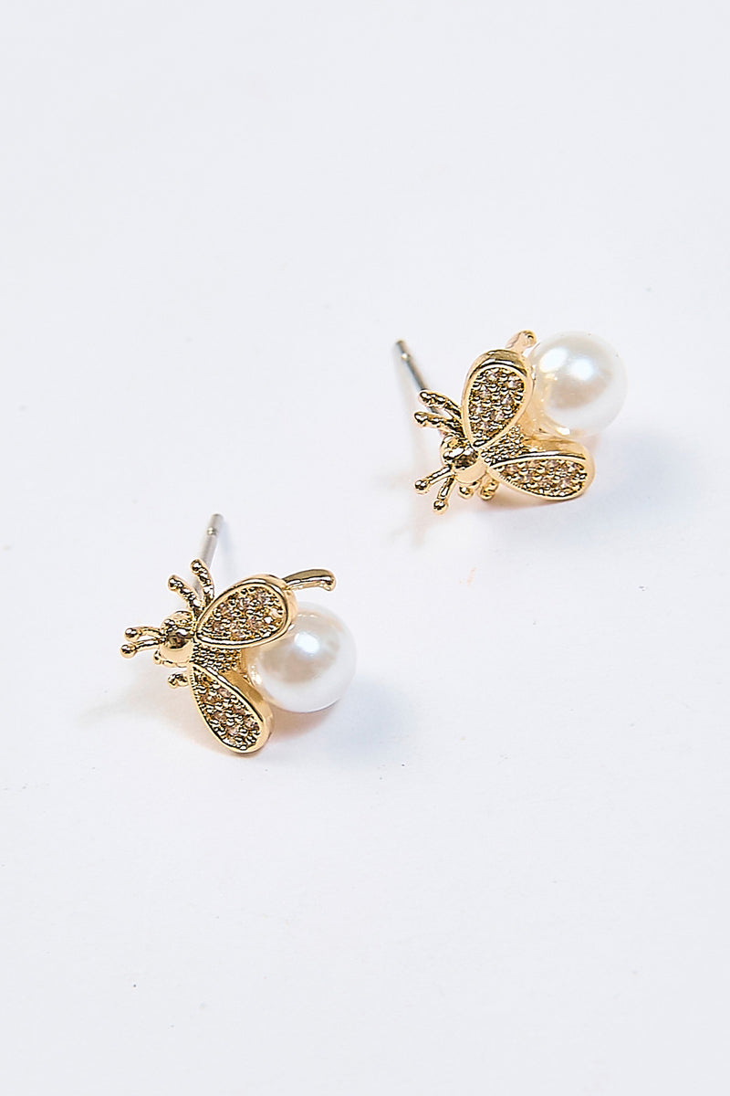Aretes Abeja Perla Circón Dorados