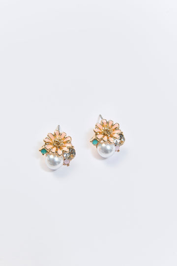Aretes Flor con Perla y Piedra Dorados