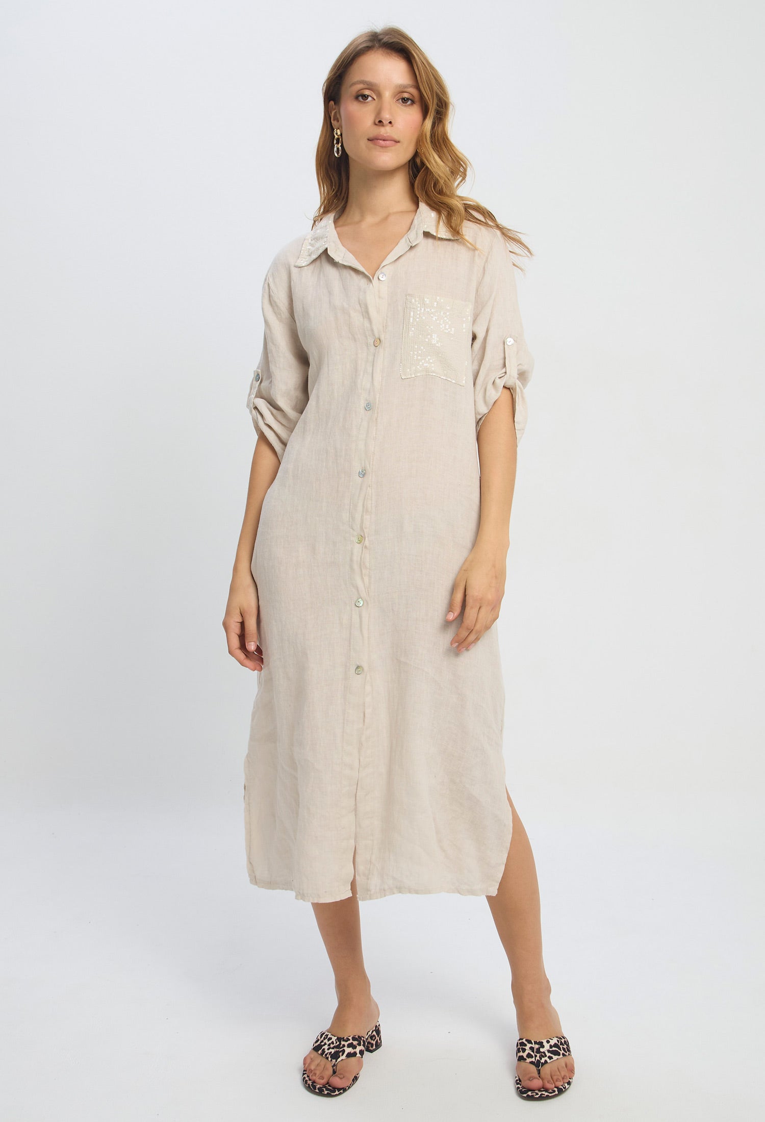 Vestido Midi Lino Lentejuelas - SALE