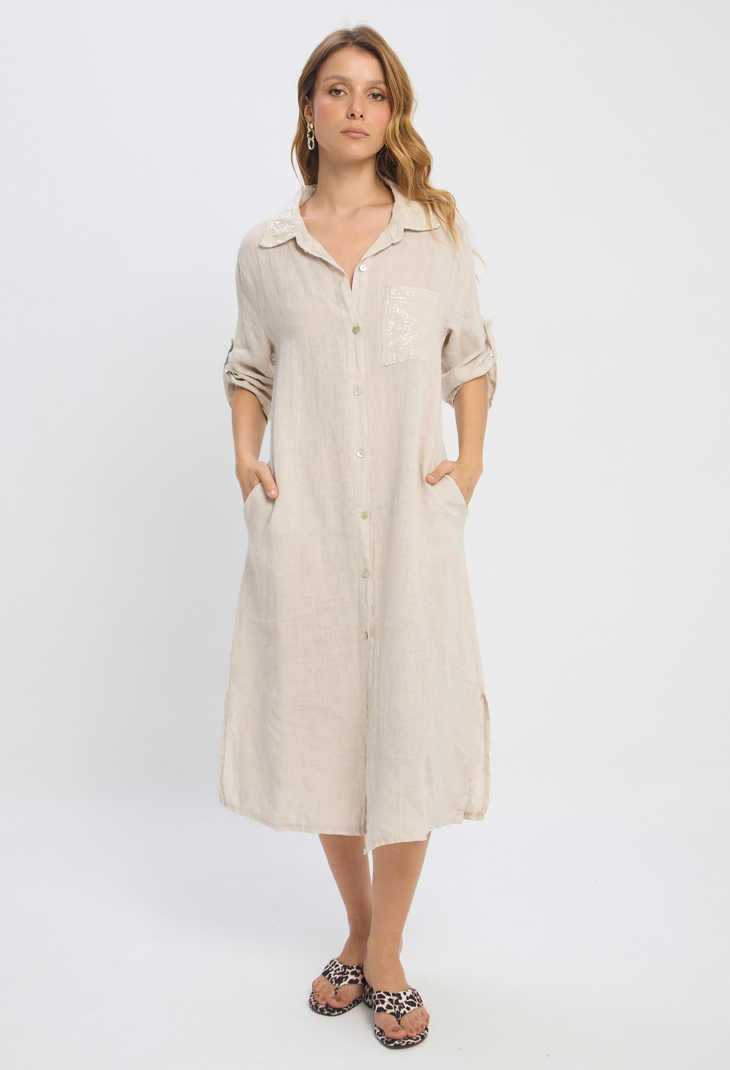 Vestido Midi Lino Lentejuelas - SALE