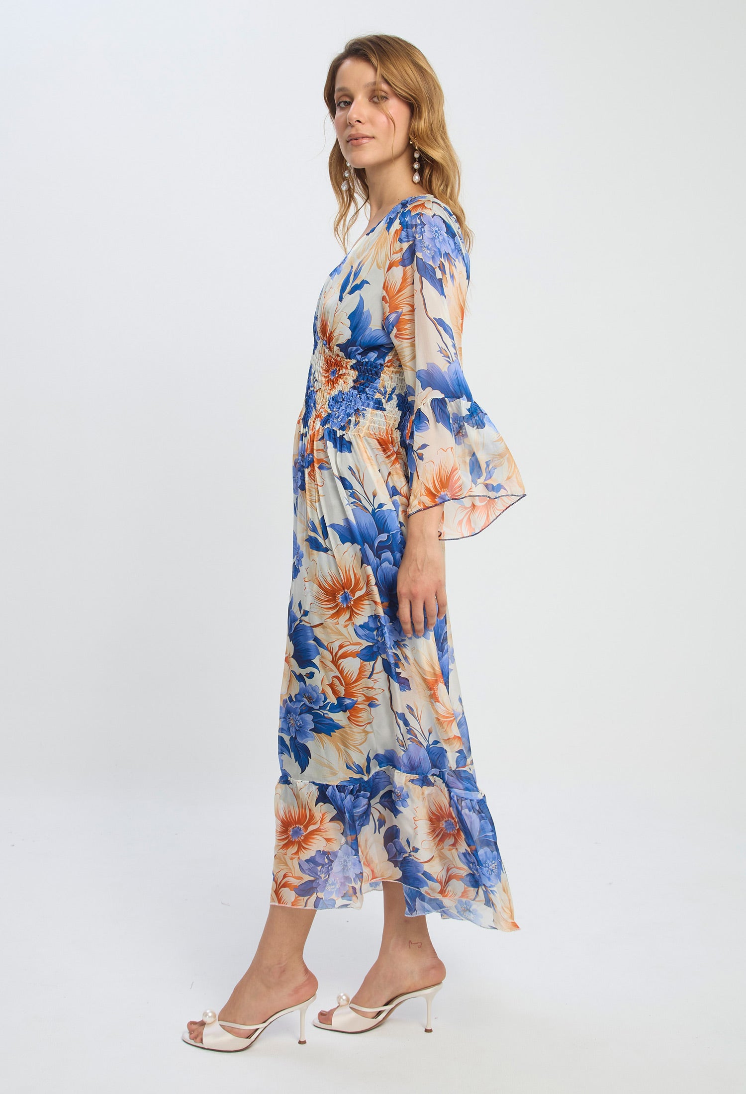 Vestido Midi Seda Flores