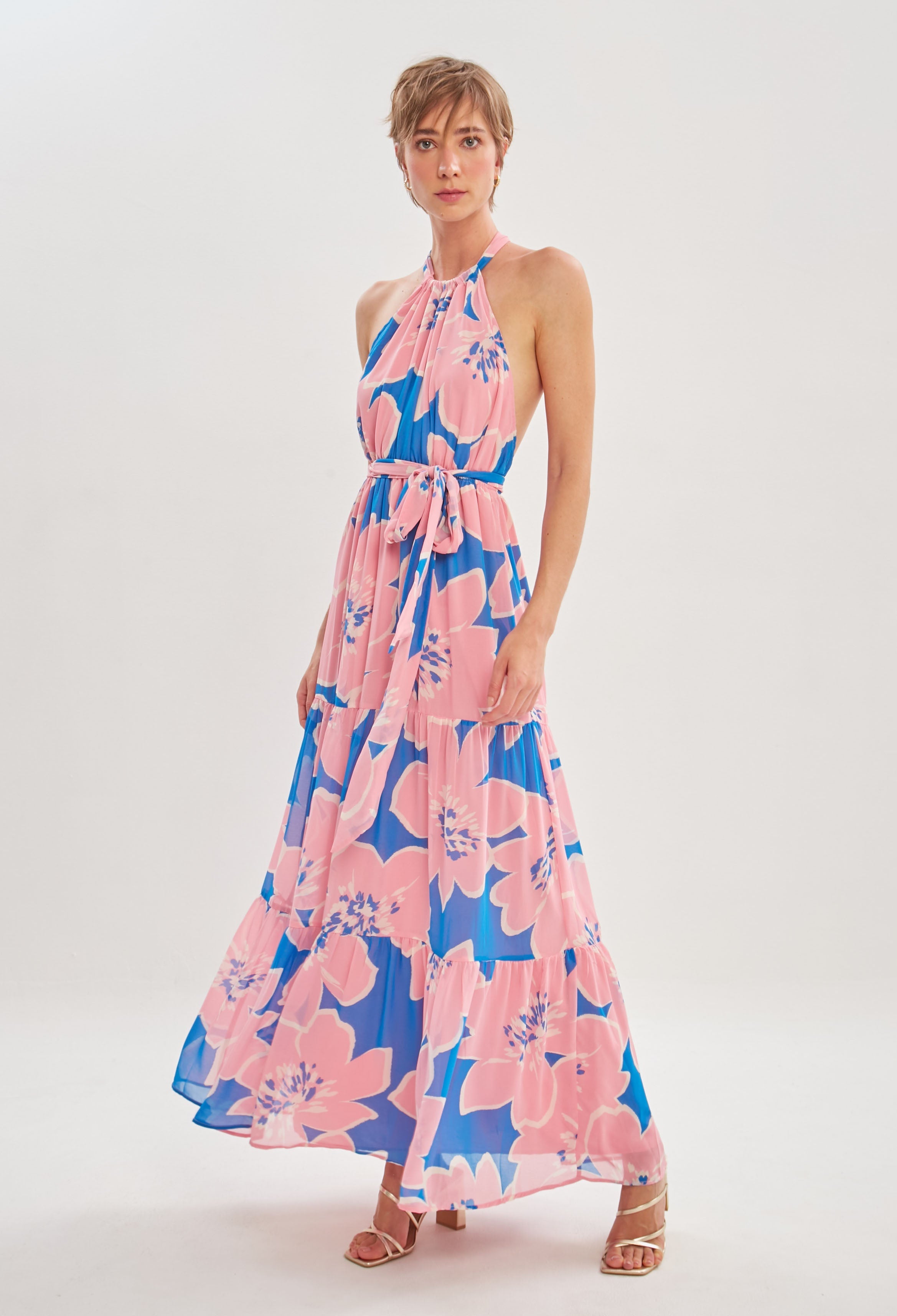 Vestido Largo Cuello Halter Mujer - SALE - BYBLA S / ROSAS VESTIDO