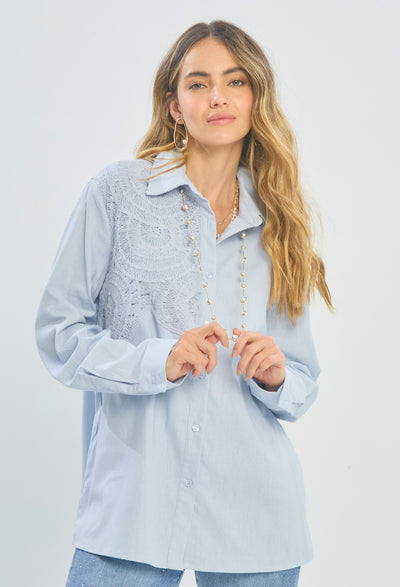Camisa Oversize Detalle Crochet Mujer - SALE - BYBLA S/M / BEIGES BLUSA