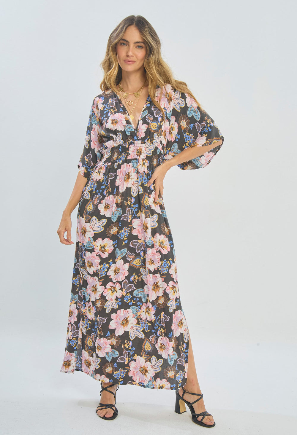 Vestido Largo Estampado Flores Mujer - SALE - BYBLA M/L / NEGROS VESTIDO