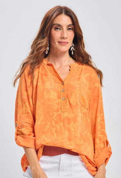 Blusa Flores Bolsillo Lentejuelas Mujer - BYBLA U / NARANJA BLUSA