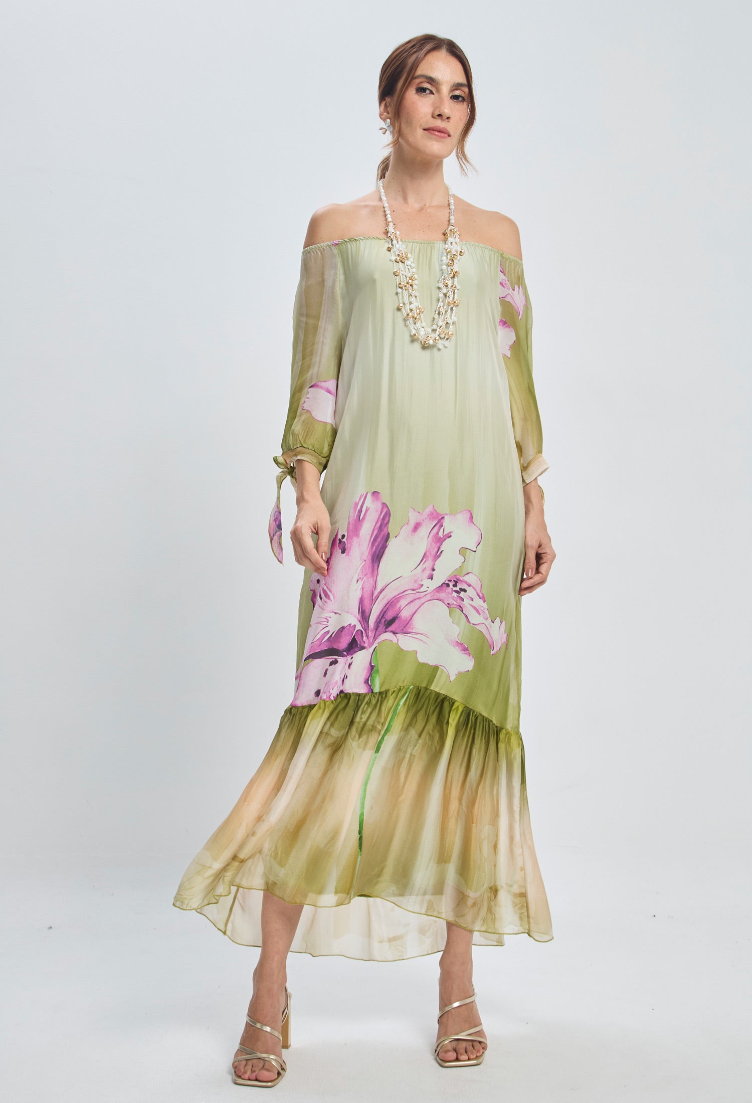 Vestido Seda Hombro Bandeja Mujer NEW - BYBLA U / VERDES VESTIDOS