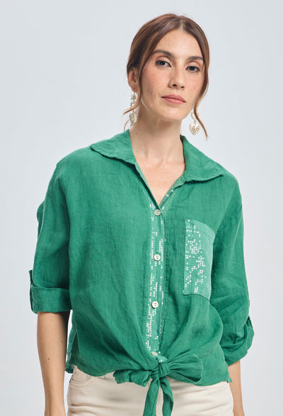 Camisa Lino Bolsillo Lentejuelas Mujer - SALE - BYBLA U / VERDES BLUSA
