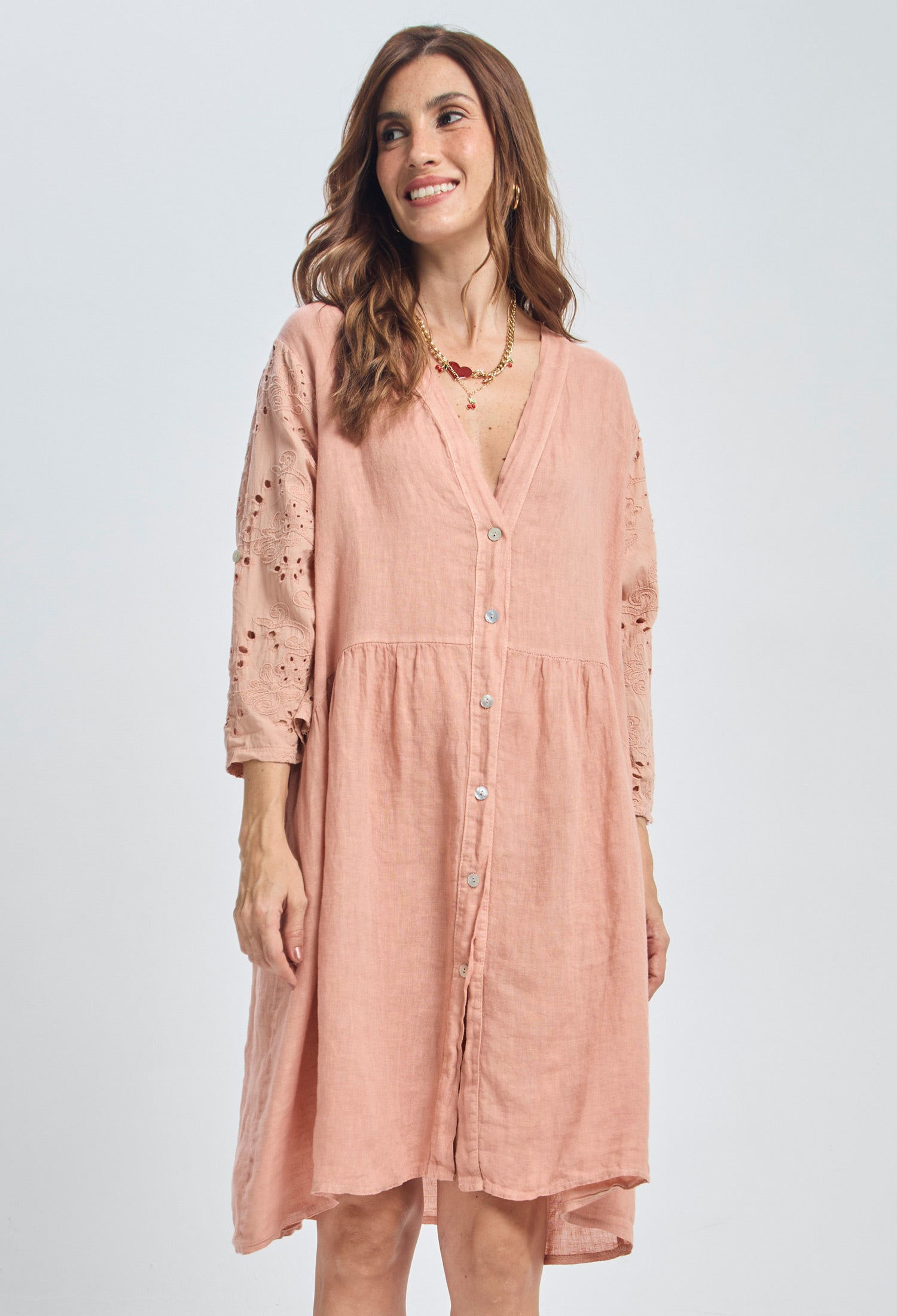 Vestido Lino Ojalillo Floral Mujer - BYBLA U / VERDES VESTIDO