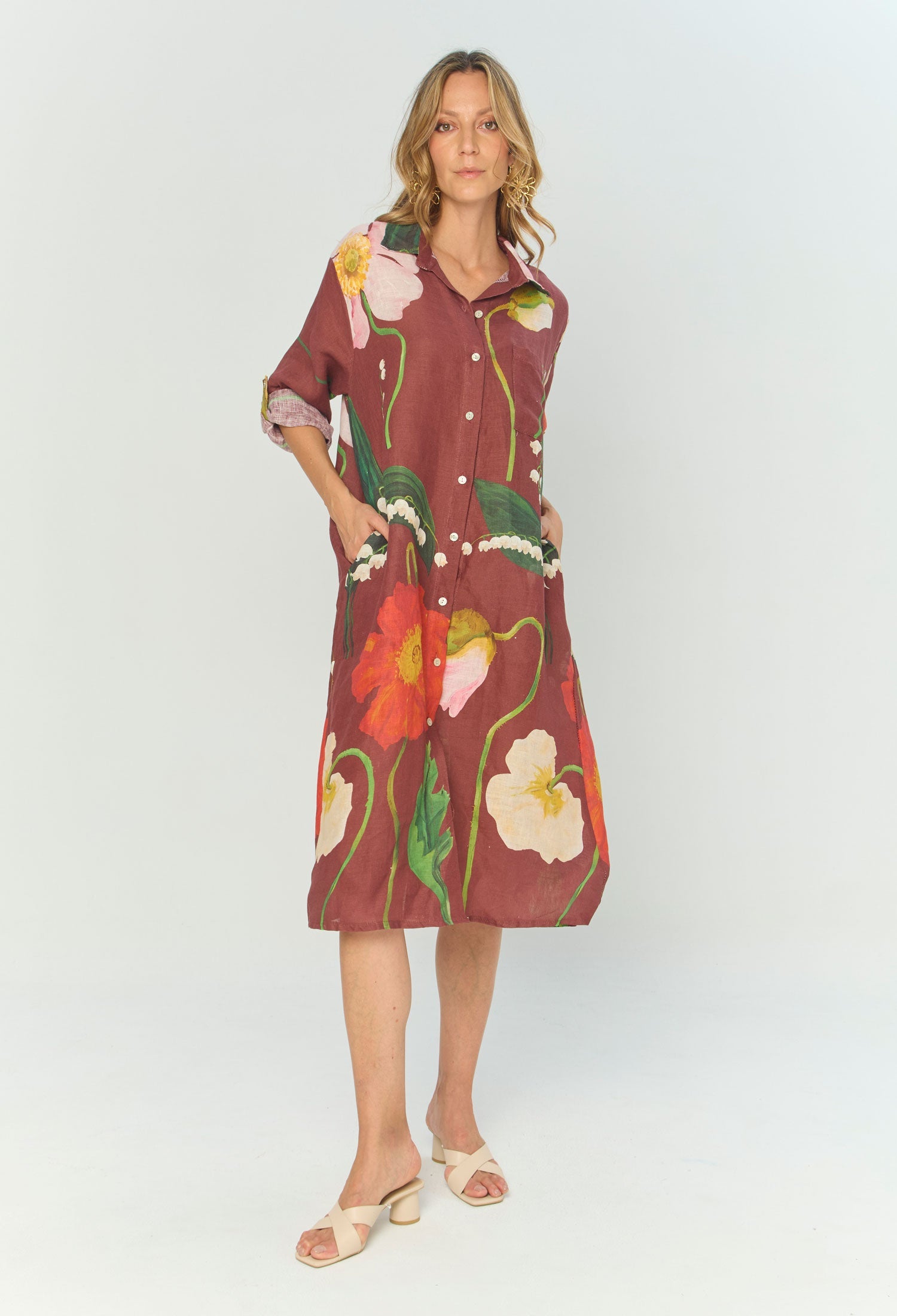 Vestido Midi Lino Flores - SALE