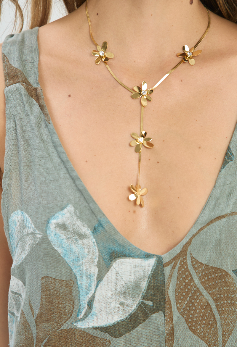 Collar en Y Flores Doradas