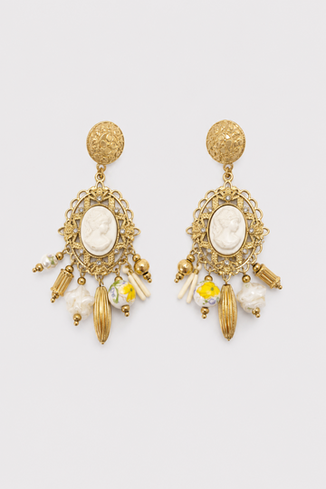 Aretes Camafeo Medallón con Flecos