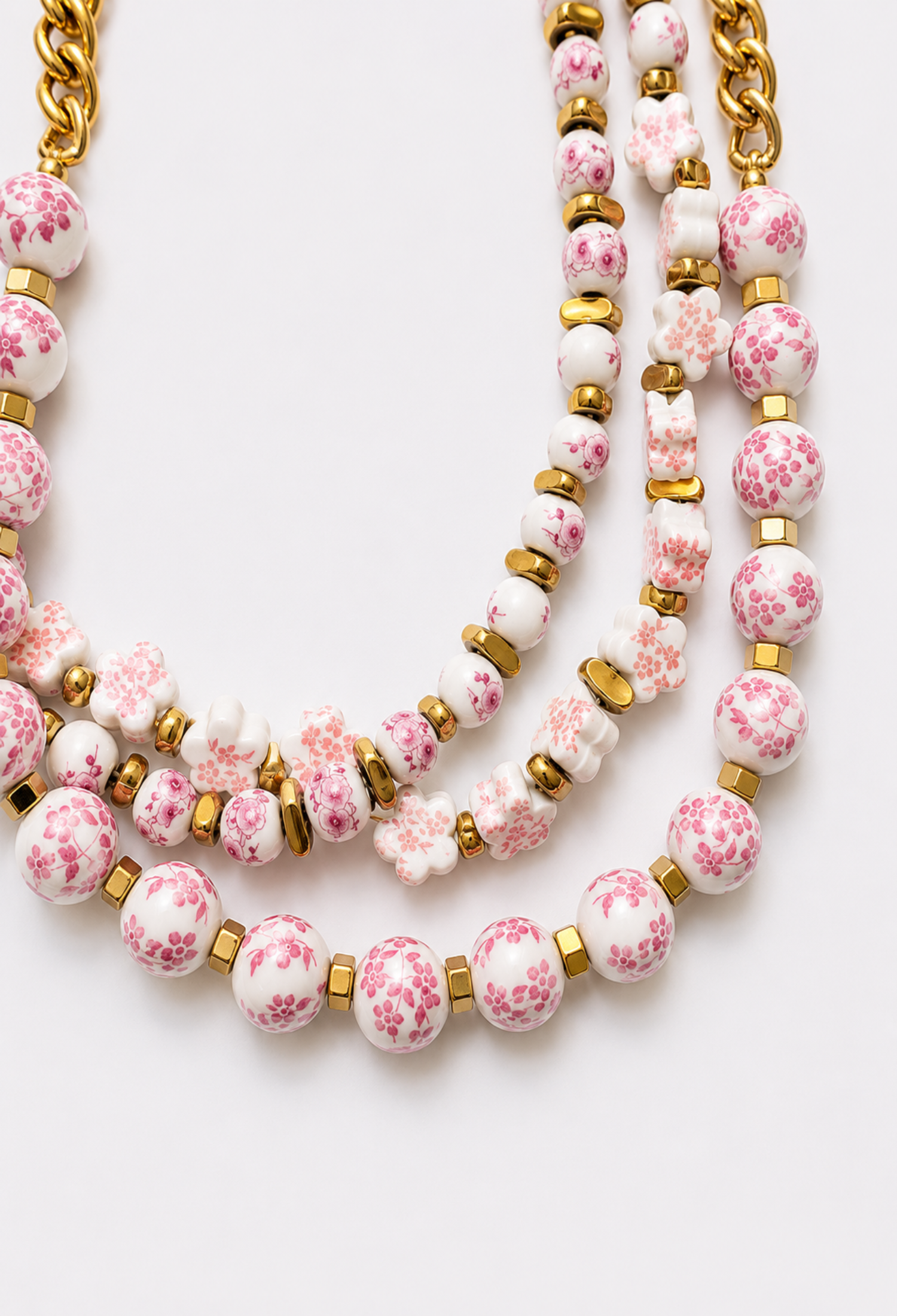 Collar Multicapa Cuentas Florales Rosa