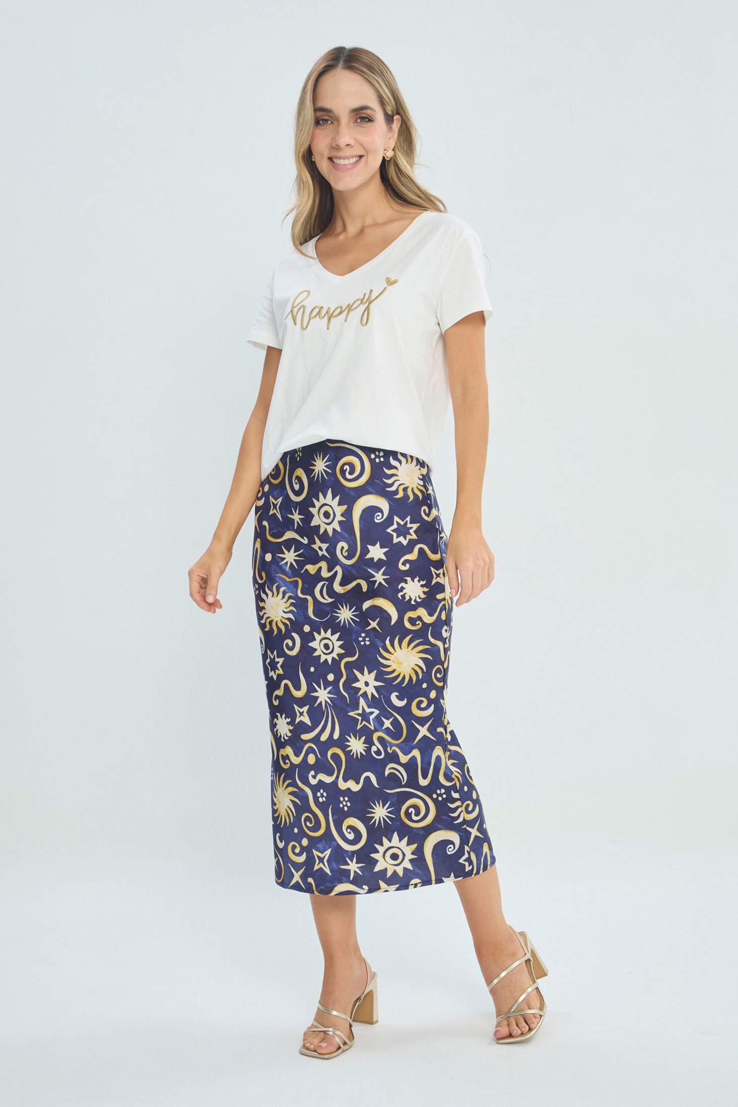 Falda Midi Azul Estampado Celestial - Outlet BYBLA Colombia