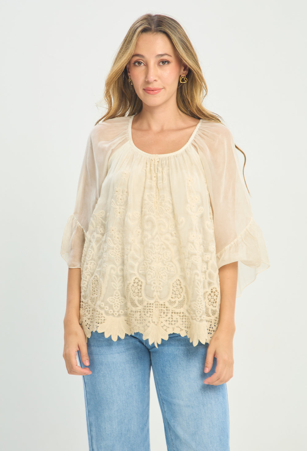 Blusa Seda Bordada Beige BYBLA