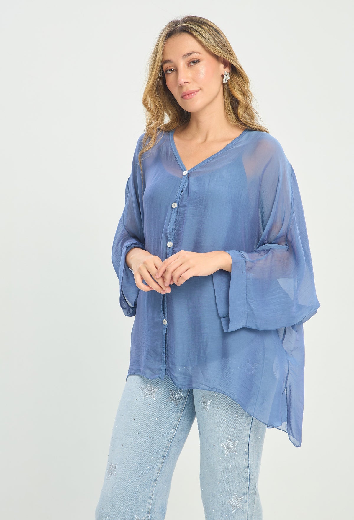 Blusa Seda Botones Azul Índigo BYBLA