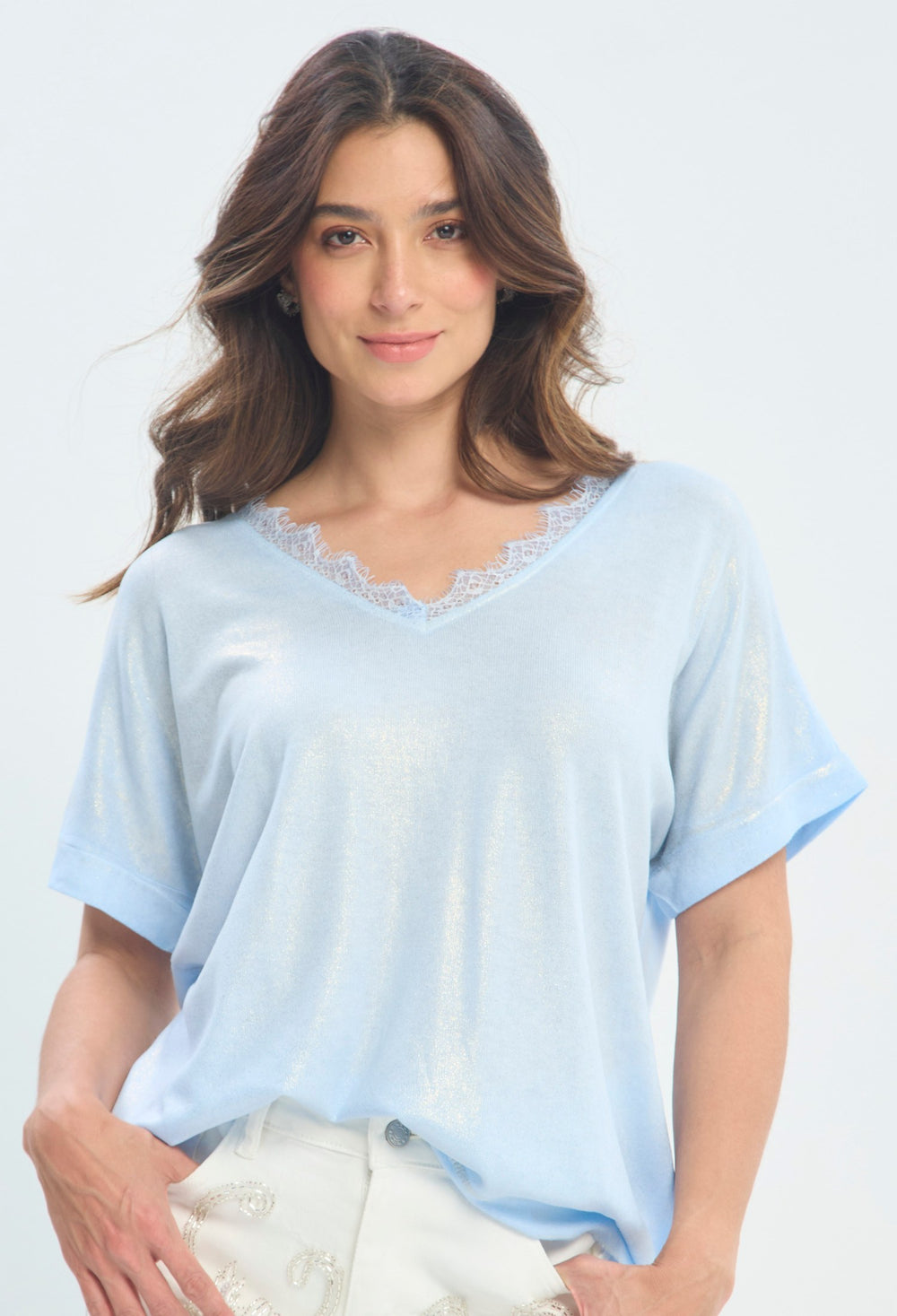 Blusa Brillo Cuello Encaje azul cielo BYBLA