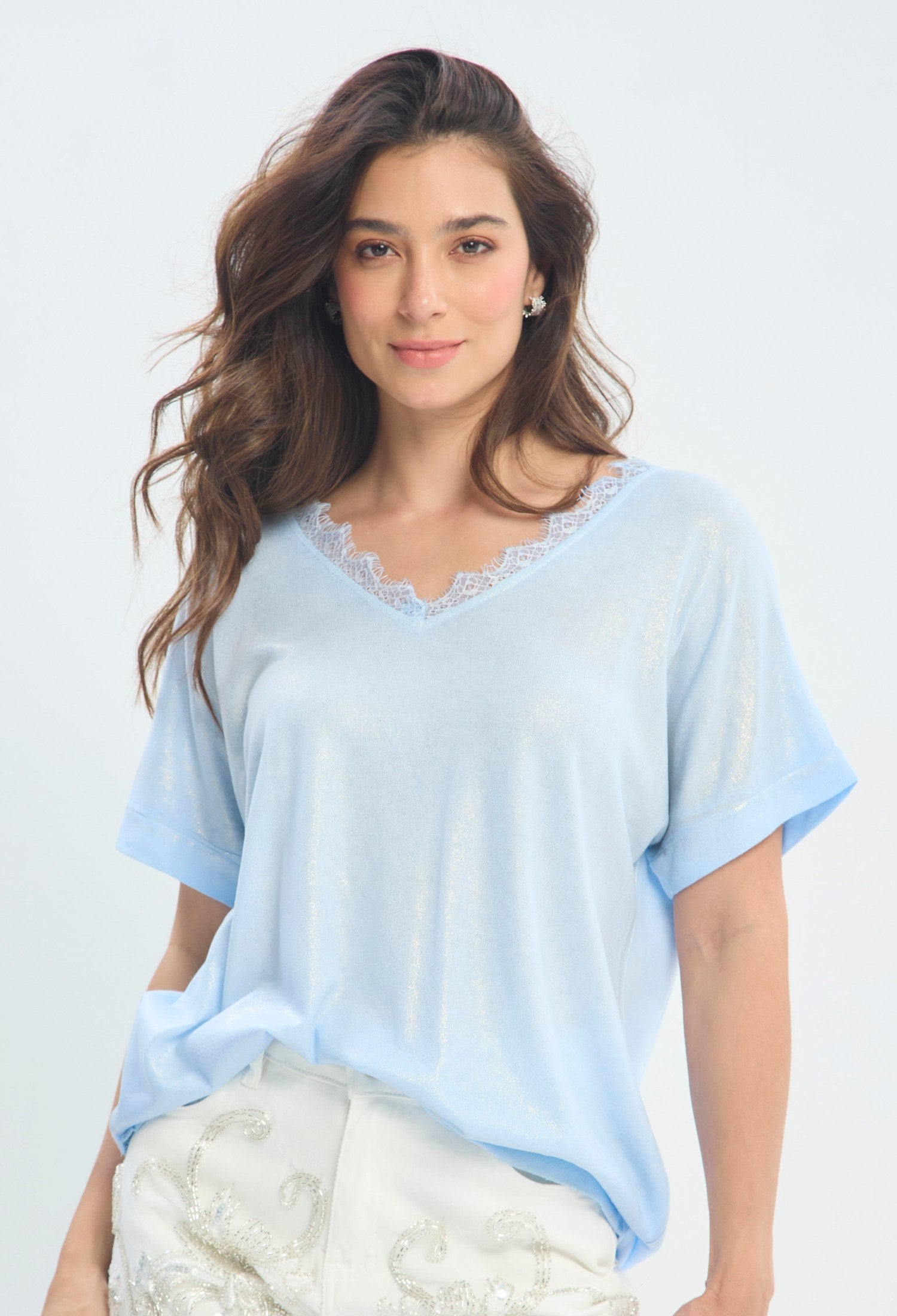 Blusa Brillo Cuello Encaje azul cielo BYBLA - vista 2
