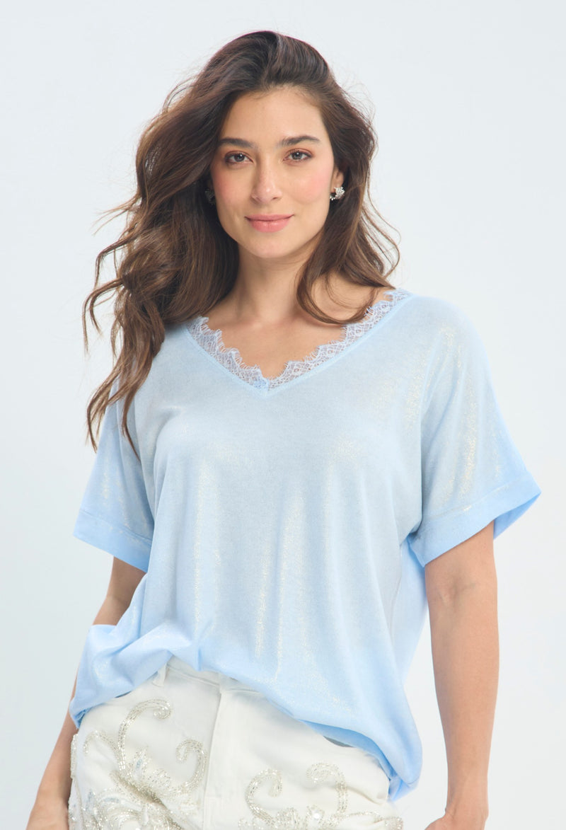Blusa Brillo Cuello Encaje azul cielo BYBLA - vista 2
