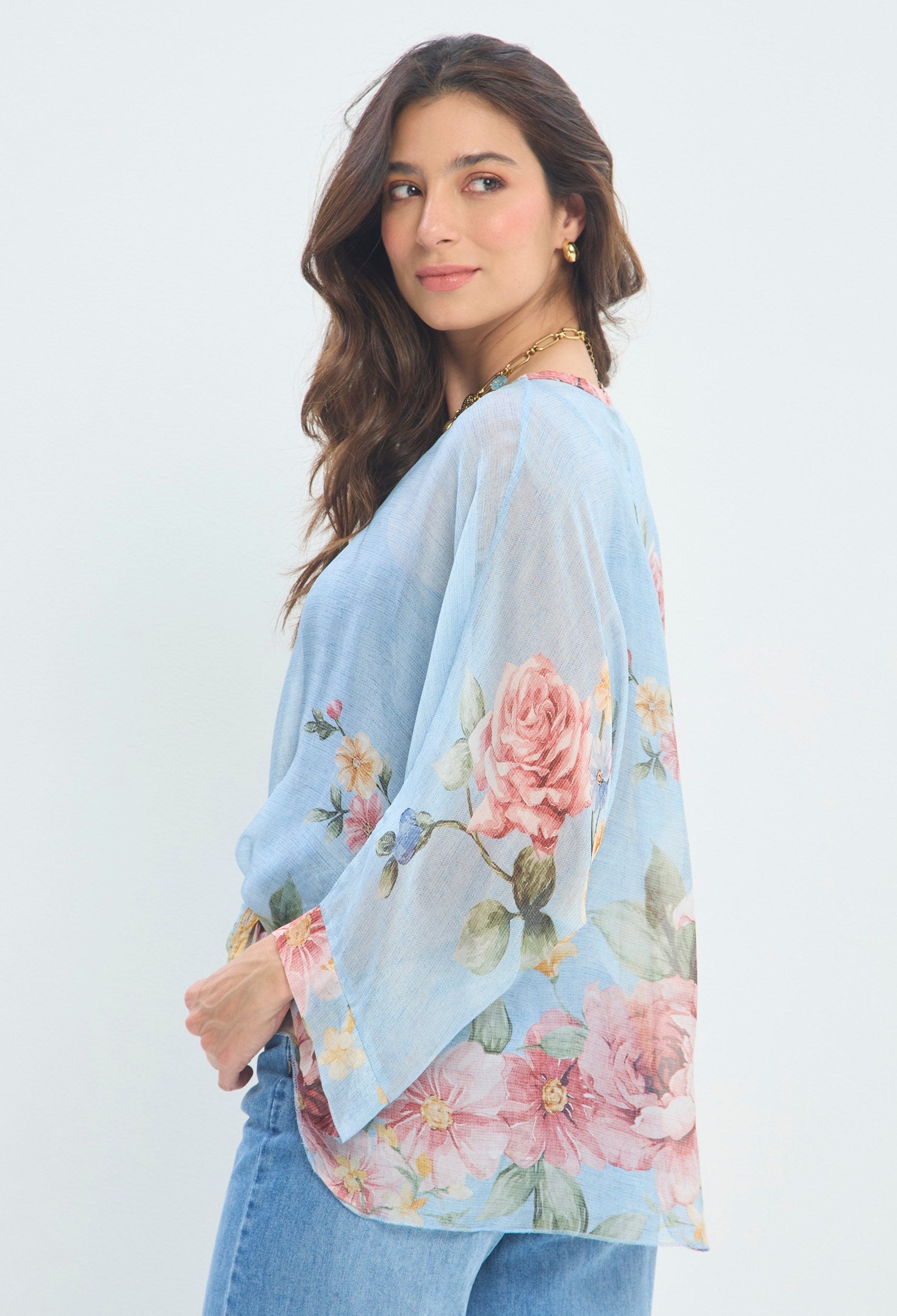 Blusa Floral Kimono Anudada celeste floral BYBLA - vista 4