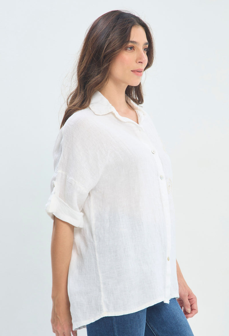 Blusa Lino Bordado Floral crudo BYBLA - vista 2