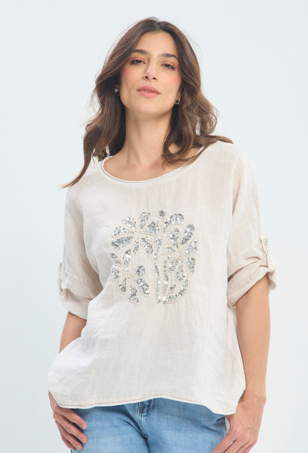 Blusa Lino Bordado Lentejuelas beige arena BYBLA